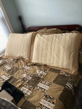 County Living Decorative Cream Pillow Shams with Tan Eyelet Lace Trim